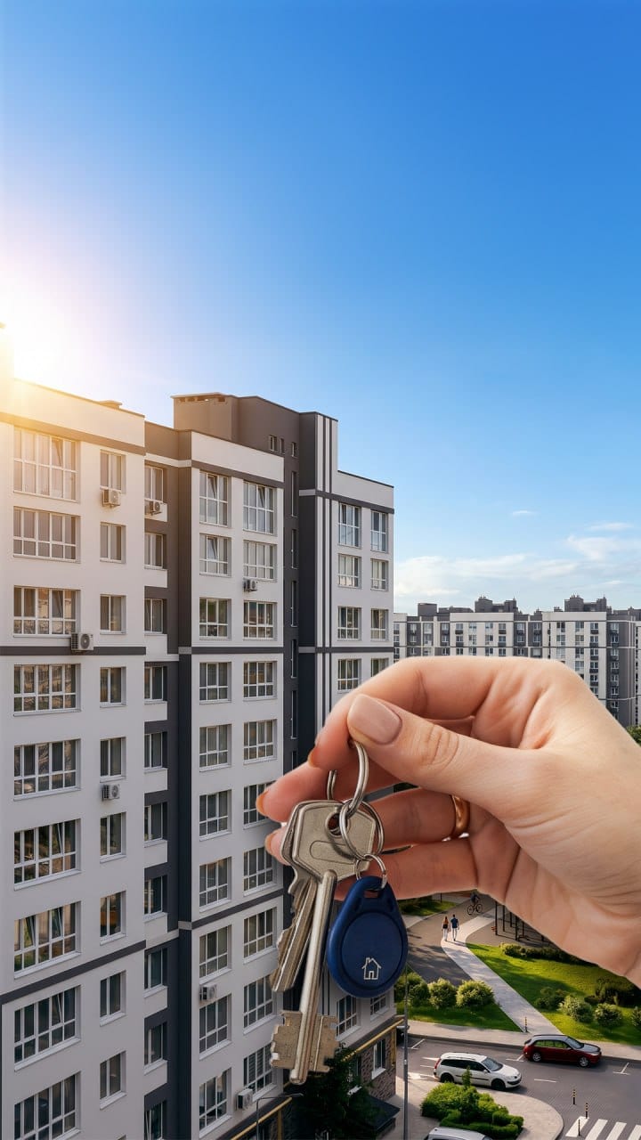 A hand holding a bunch of apartment keys in front of a finished SAVO building