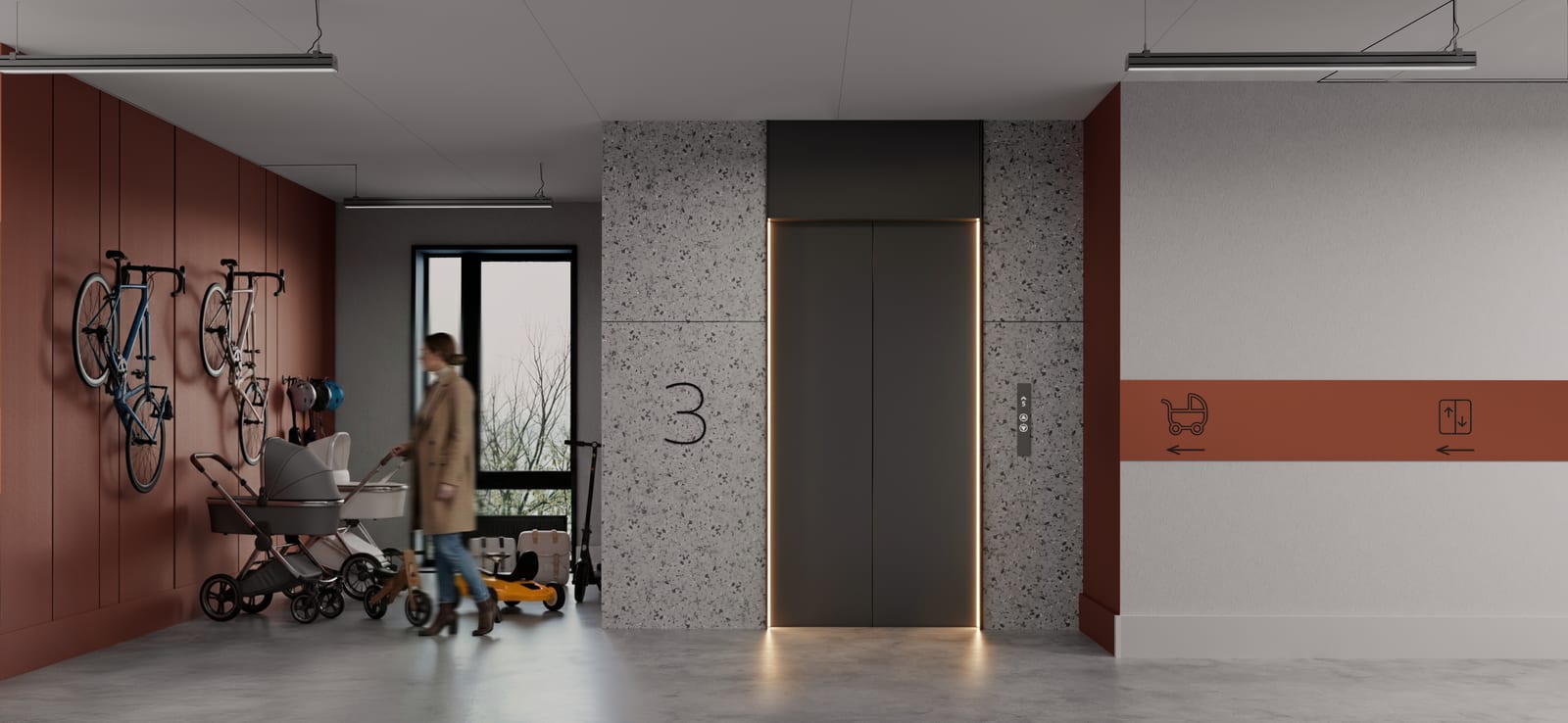 Project visualisation of the pram store in a new SAVO building: a father with his children, prams on the floor and bicycles hung on the wall.