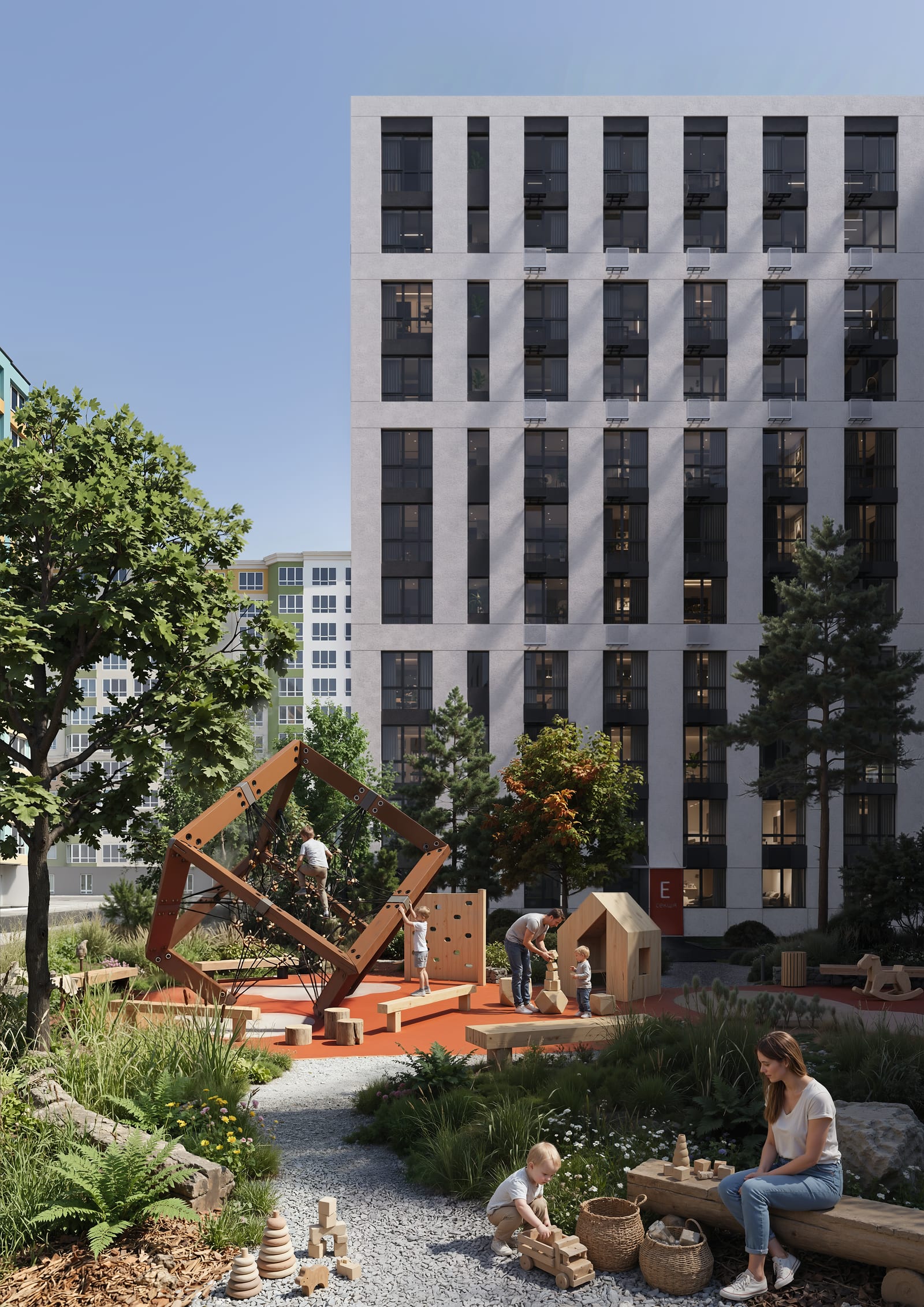 Project visualisation of the next SAVO stage in the Kyiv region: a courtyard playground with a timber climbing frame, planting and families