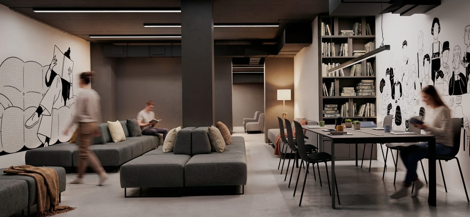 Project visualisation of a shared lounge in the next SAVO stage: sofas, a long work table and a wall of bookshelves