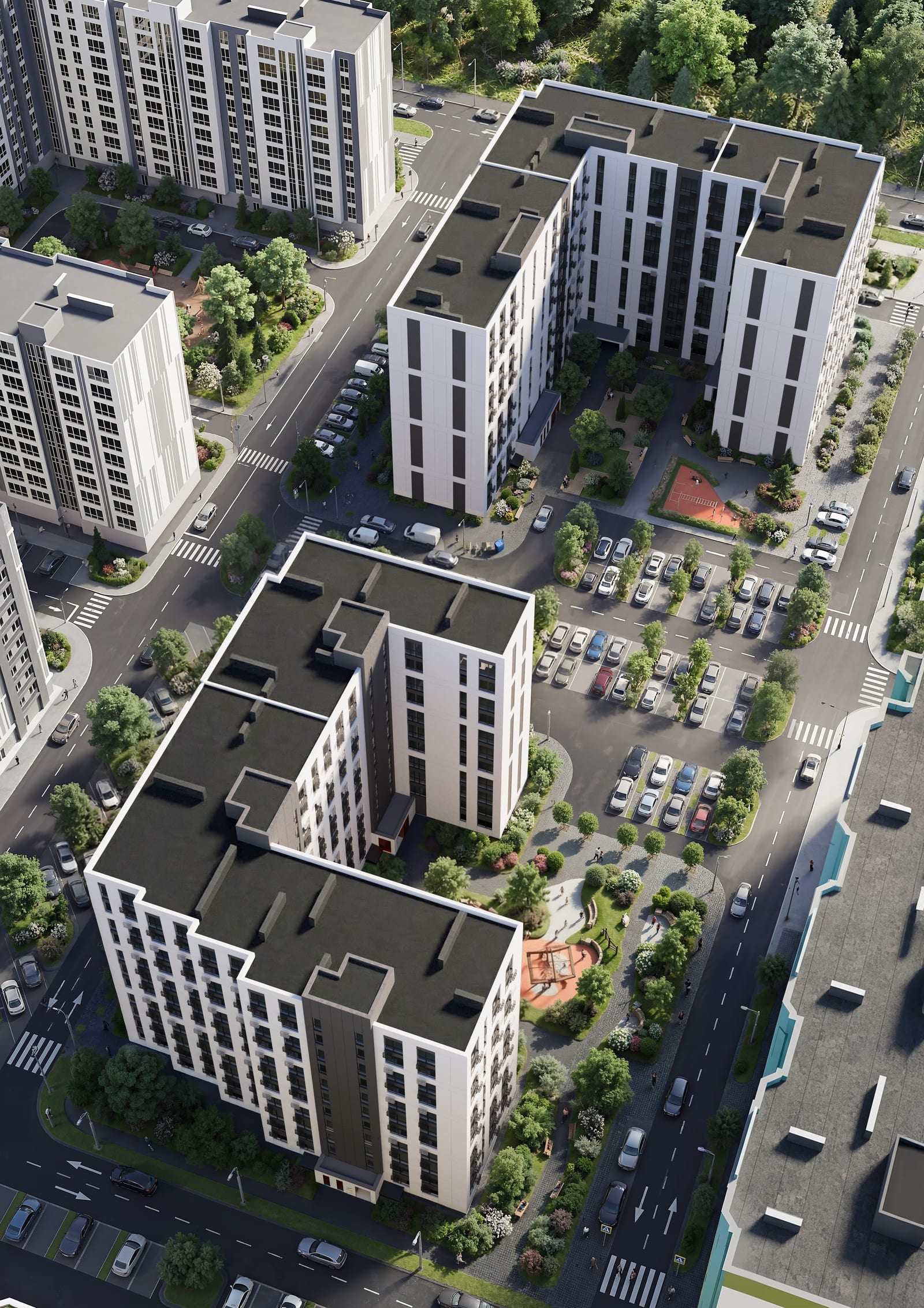 Project visualisation of the next SAVO stage in the Kyiv region seen from the air: the new blocks, their courtyards, planting and parking