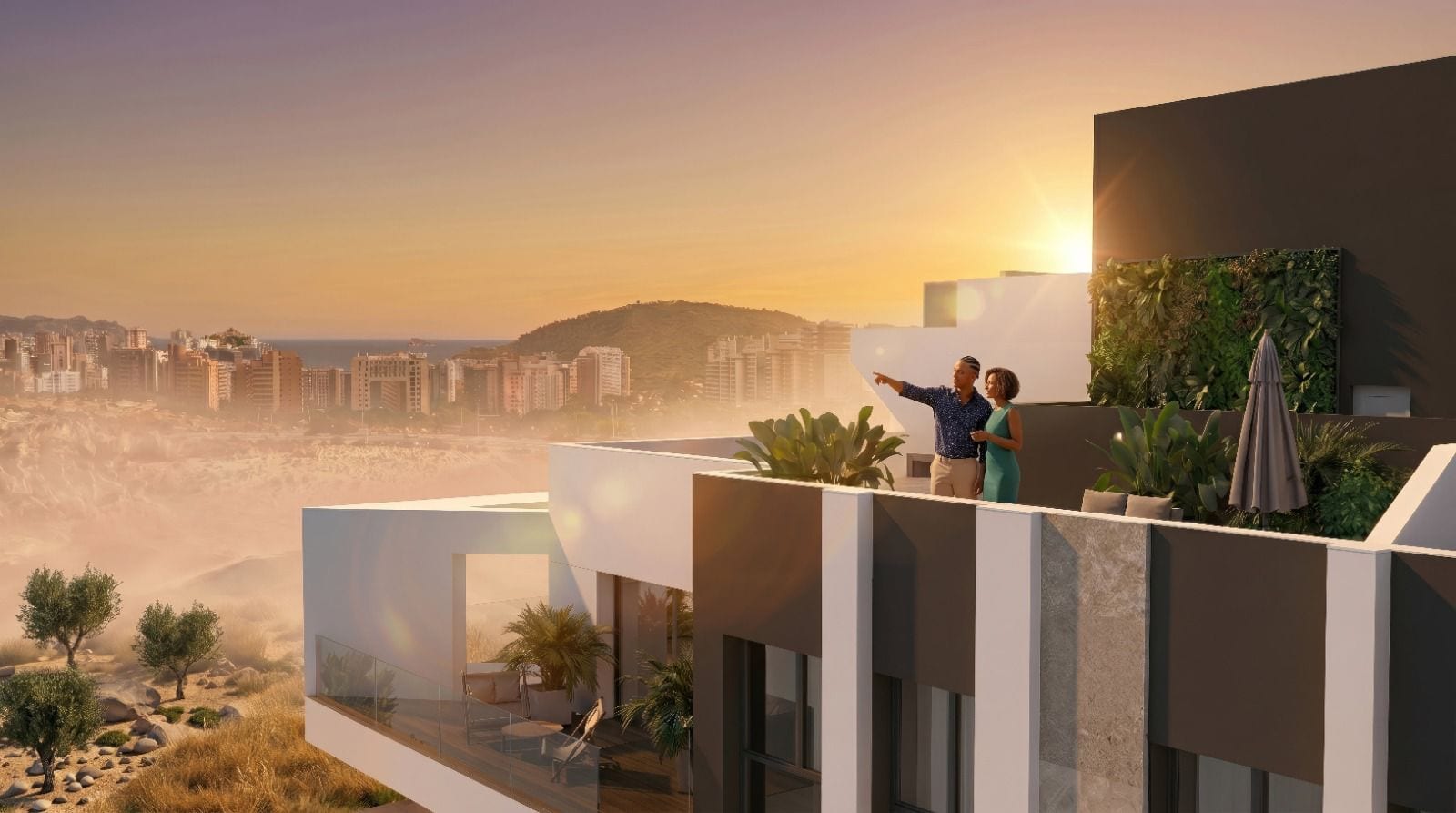 Villajoyosa Residence, project visualisation: two figures on the roof looking towards the Benidorm skyline in golden-hour light.