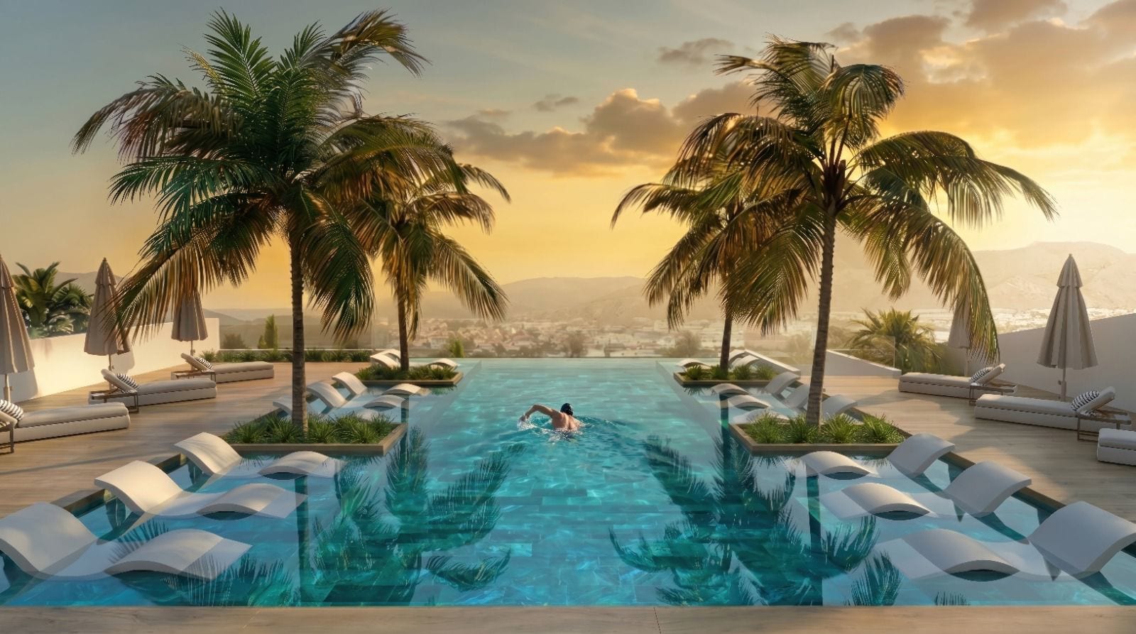 Project visualisation of the planned infinity pool of the SAVO residence on the Costa Blanca, looking out over the sea