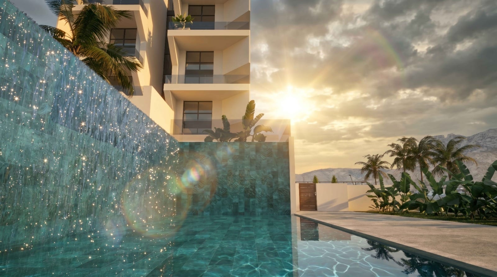 Villajoyosa Residence, project visualisation: a roof pool against the low sun, turquoise water in the foreground, palms and the sea beyond.