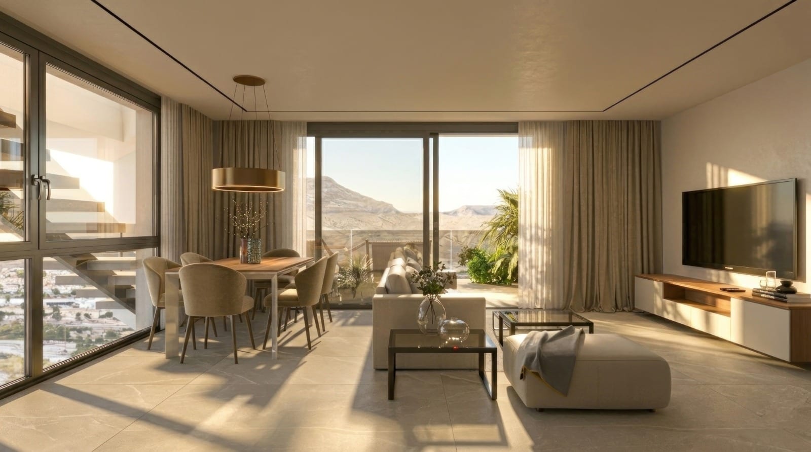 Villajoyosa Residence, project visualisation: an open living and dining room with floor-to-ceiling glazing onto a terrace and the hills