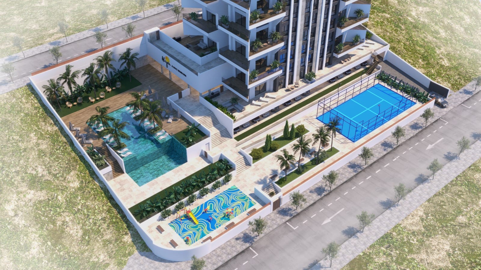 Villajoyosa Residence, project visualisation: the planned building with its pool terrace and padel court seen from the air