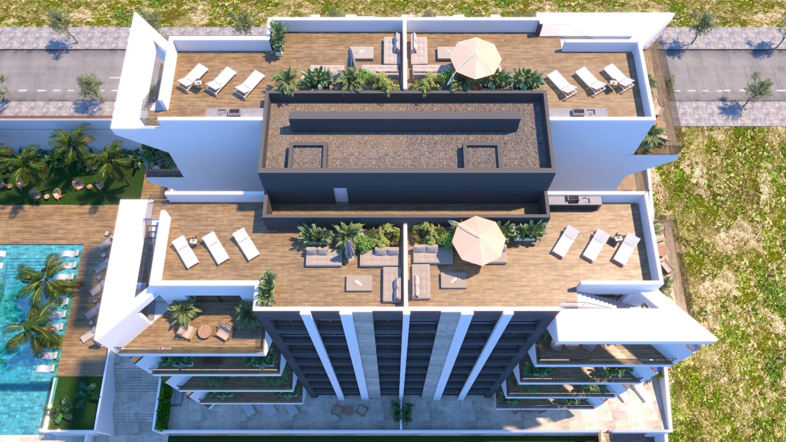 Villajoyosa Residence, project visualisation: the roof terraces with sunbeds, parasols and planting