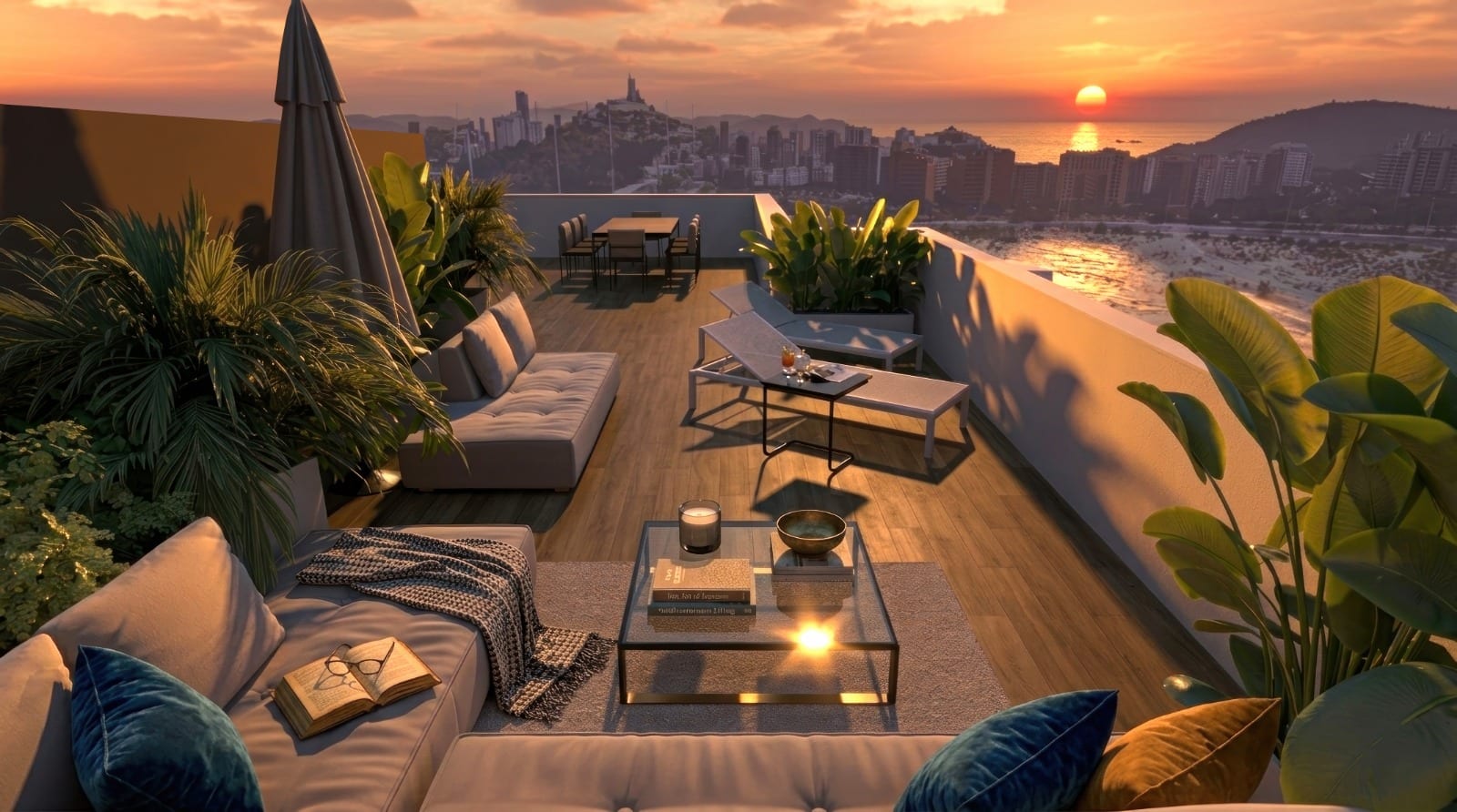 Villajoyosa Residence, project visualisation: a roof terrace at sunset with a long sofa, planting and the Benidorm bay beyond
