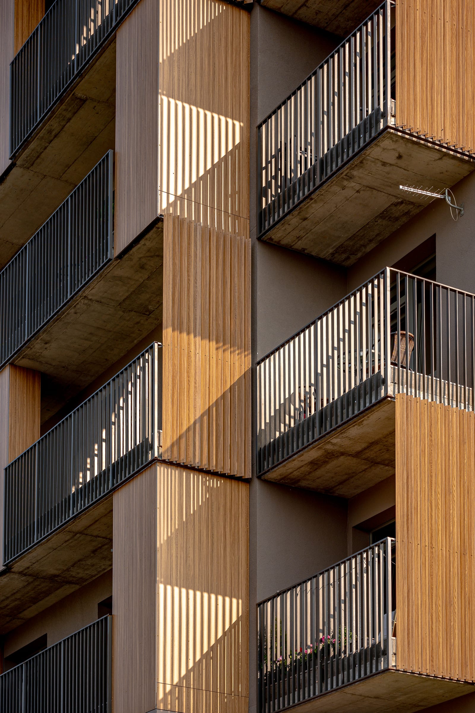 Close view of the Vilnius building by SAVO: stacked balconies in timber cladding and exposed concrete in late afternoon light